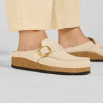 Birkenstock White/Corduroy Antique White Buckley Suede Embossed clog Closeup 