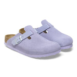 Birkenstock Purple/Purple Fog Boston Suede Embossed Clog pair look