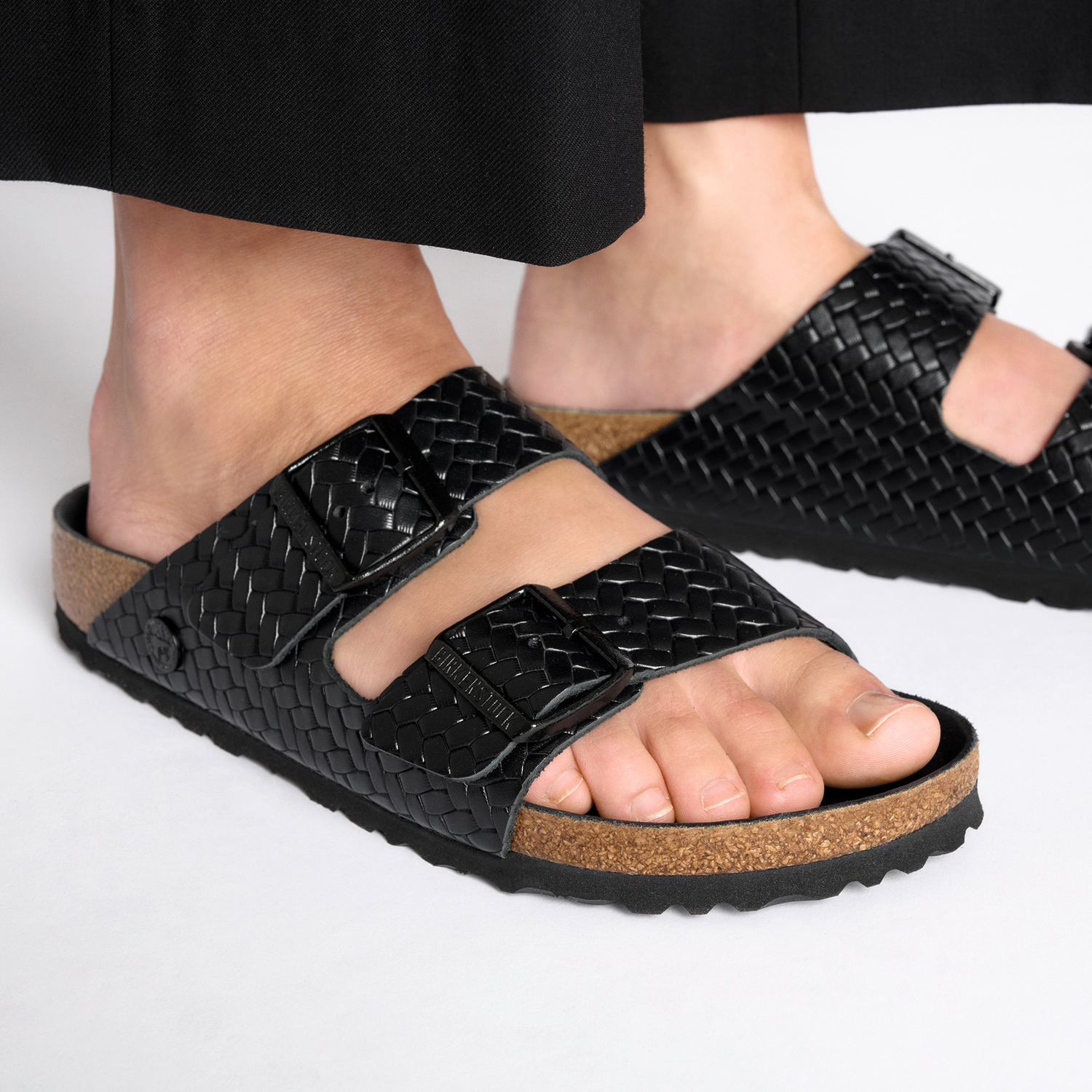 Arizona Rivet Logo Natural Leather Woven Embossed Black - BIRKENSTOCK