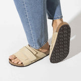 Birkenstock Beige/Desert Buck Almond Kyoto Soft Footbed Nubuck Leather Sandal Closeup look
